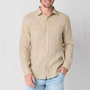 BNWT Mutual Weave Shirt Beige Button Down Linen Coastal Boho Regular Fit Earthy